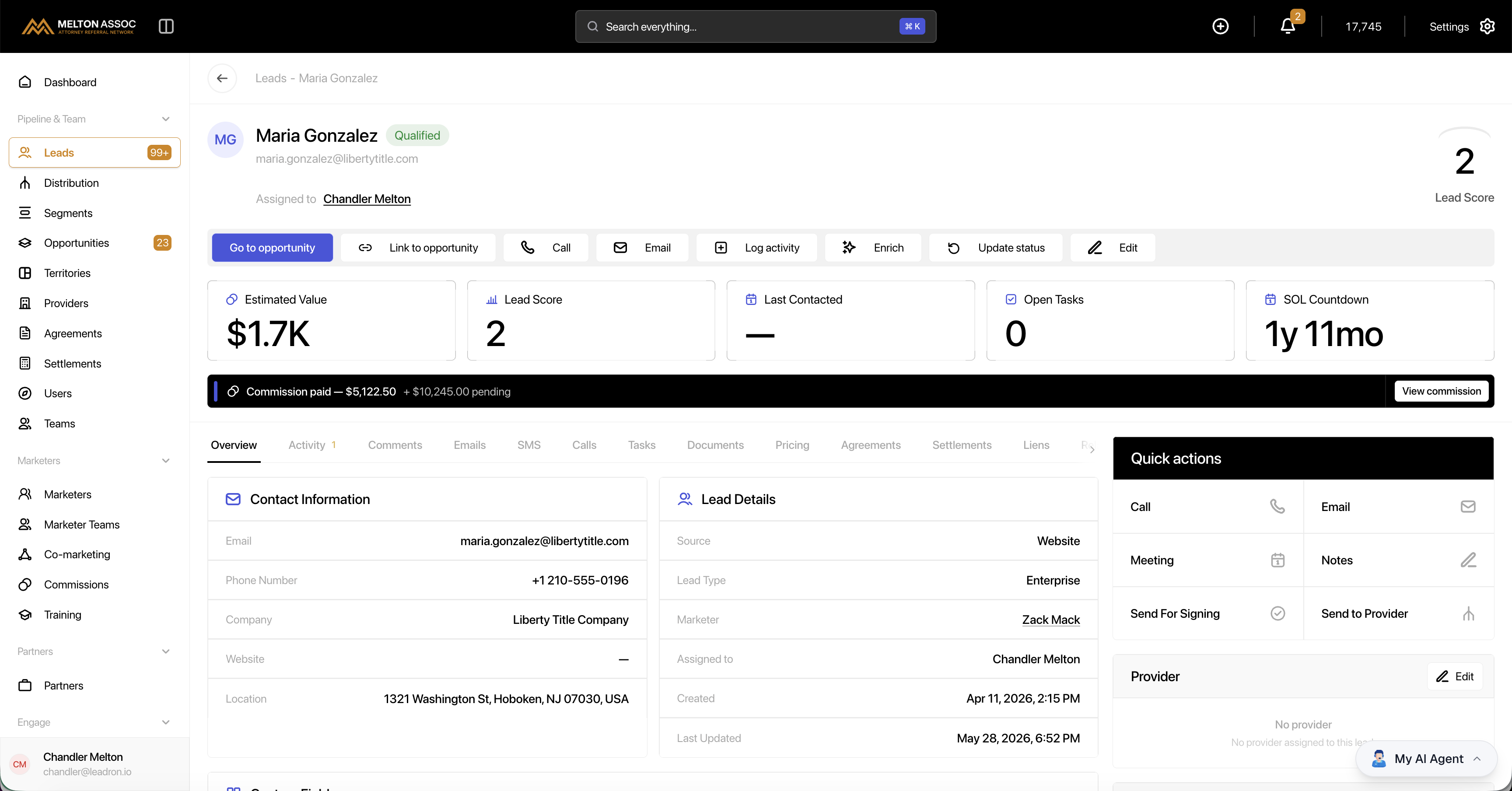 Leadron lead profile with scoring, contact details, and pipeline actions